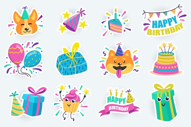 Leuke stickers voor verjaardagsfeestjes in een platte cartoon-ontwerpbundel met cakegeschenken voor de feestdagen, grappige honden