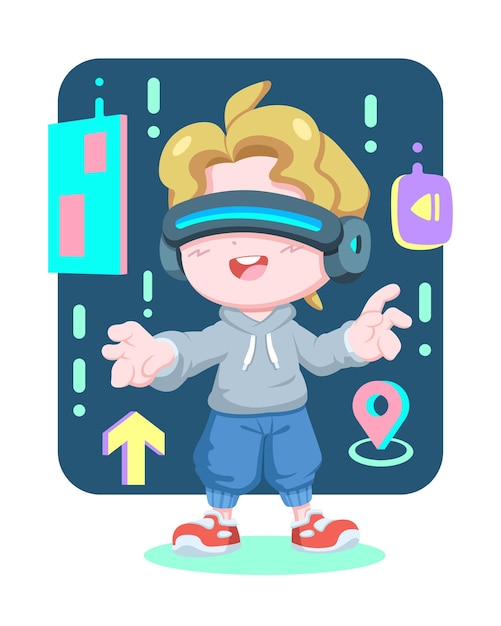 Leuke stijl gelukkige jongen die virtual reality-masker draagt in metaverse cartoonillustratie