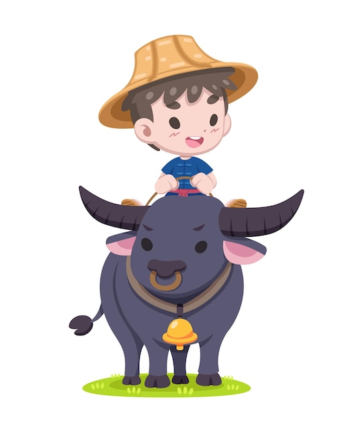 Vector leuke stijl kleine thaise boer rijden buffel cartoon afbeelding