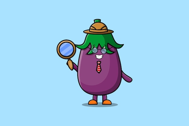 Leuke stripfiguur aubergine-detective zoekt met vergrootglas