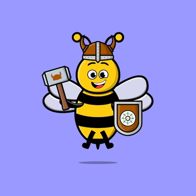 Leuke stripfiguur Bee Viking-piraat met hoed en hamer en schild in schattige stijl