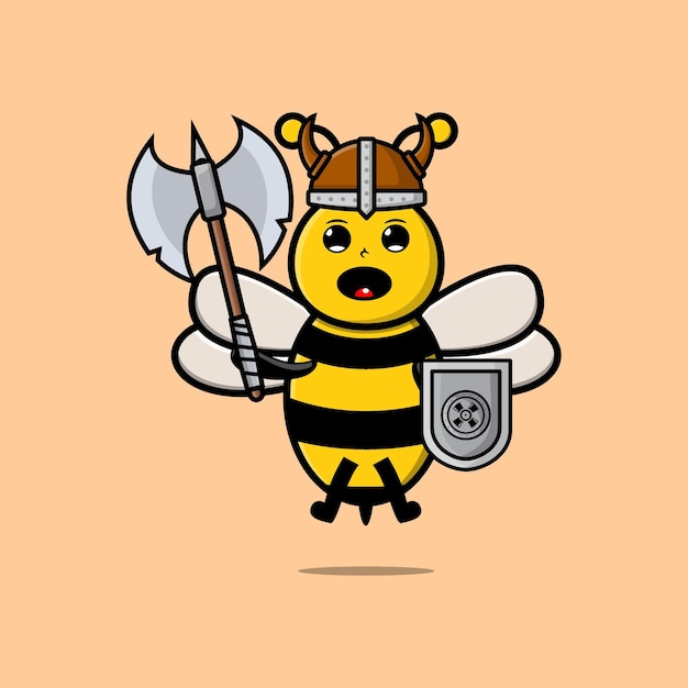 Leuke stripfiguur Bee Viking-piraat met hoed en met bijl en schild in modern design