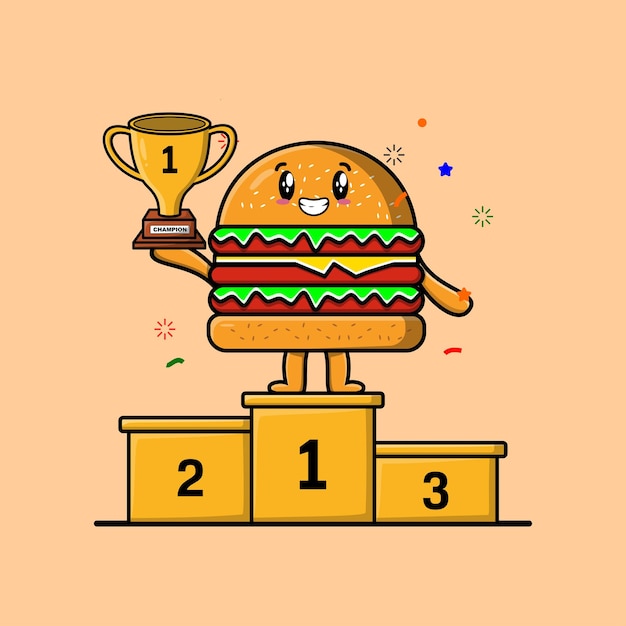 Leuke stripfiguur burger als de eerste winnaar met vrolijke uitdrukking in moderne illustratie