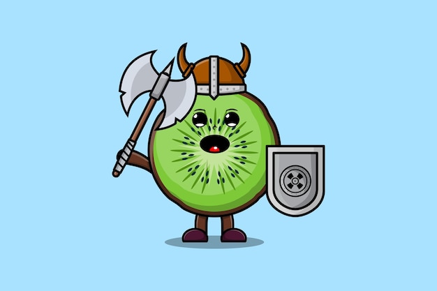 Leuke stripfiguur Kiwi fruit viking piraat met hoed en met bijl en schild