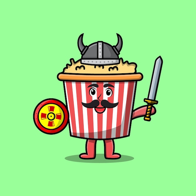 Leuke stripfiguur popcorn viking-piraat met hoed en met zwaard en schild