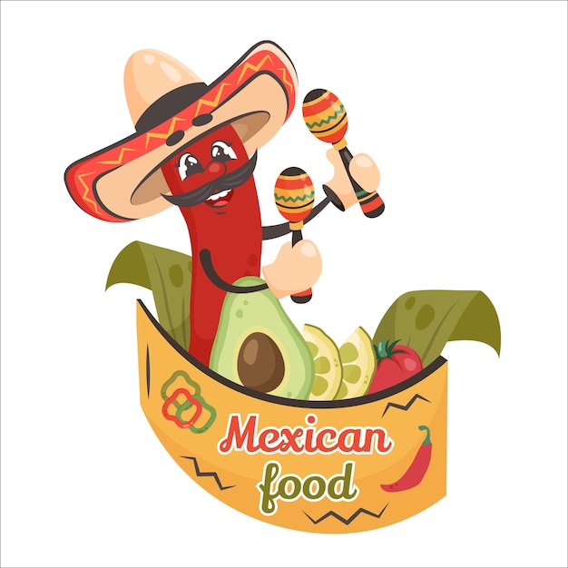 Leuke stripfiguur rode chilipeper met groenten en maracas mexicaans eten vector