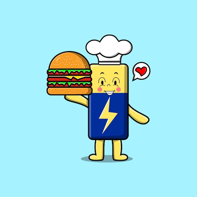 Leuke stripfiguur van de batterijchef met hamburger