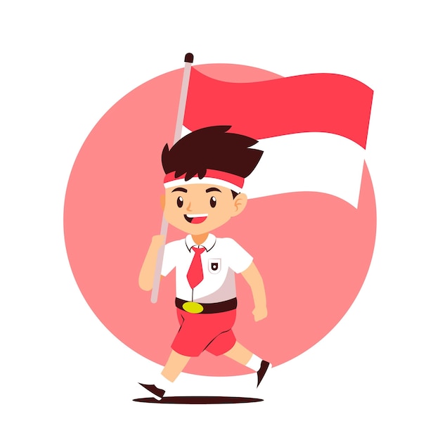 Leuke student jongen met Indonesische vlag cartoon afbeelding