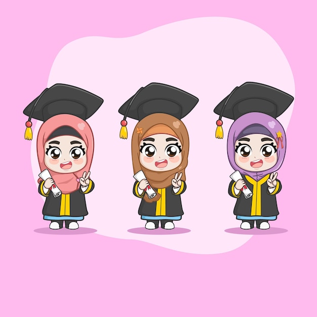 Leuke student op afstudeerdag cartoon afbeelding set muslimah 01