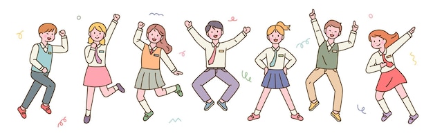 Leuke studenten in schooluniformen springen vrolijk. platte ontwerp stijl vectorillustratie.