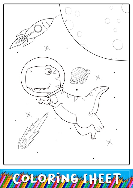 Leuke t-rex astronaut in de ruimte cartoon kleurplaat