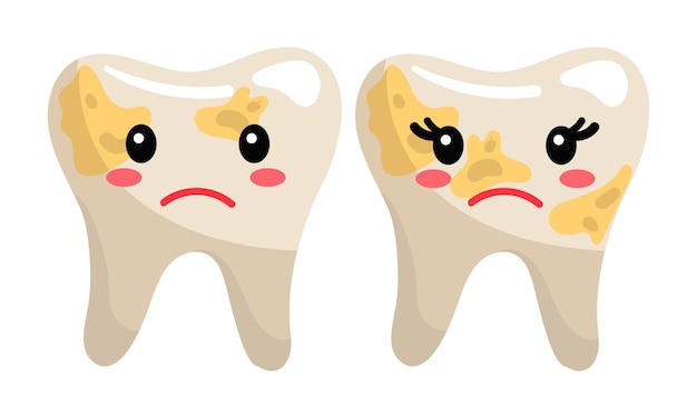 Vector leuke tanden met smileygezichten na het eten vuile zelfs ontevreden verdrietige tanden met emoties een meisje