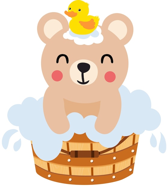 Leuke teddybeer die een bad neemt in een houten badkuip