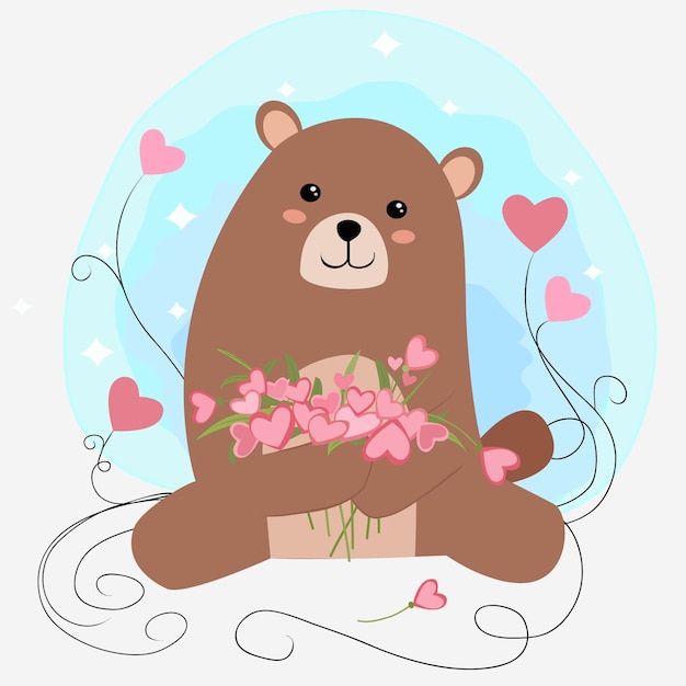 Vector leuke teddybeer met liefde bloem cartoon.