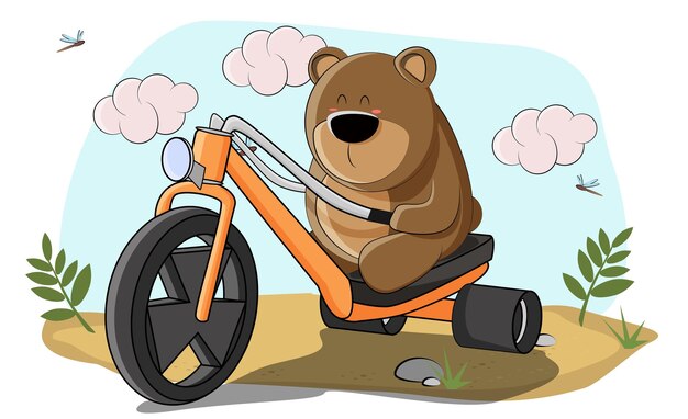 Leuke teddybeer rijdt op een fiets en bewondert de schoonheden