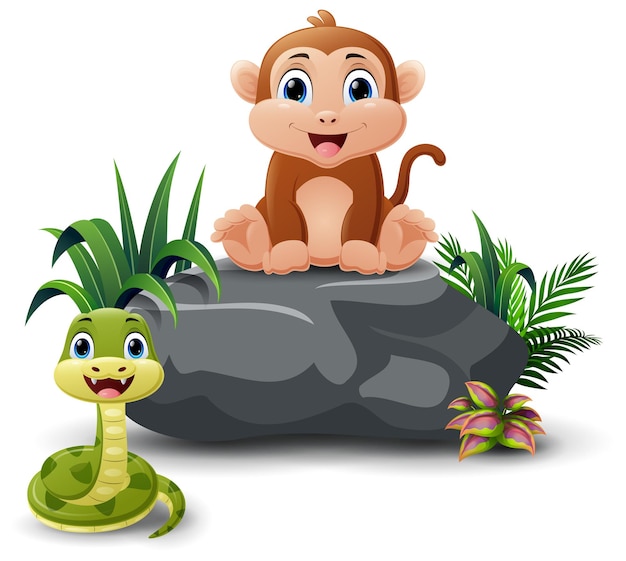 Leuke tekenfilm van een aap die op de steen zit.
