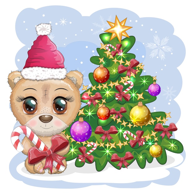 Leuke tekenfilmbeer met grote ogen in een kerstmuts bij een versierde kerstboom