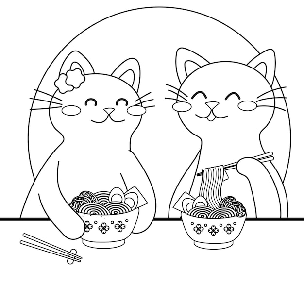 Vector leuke tekenfilmkatten eten ramennoedels, kleurplaat voor japans eten