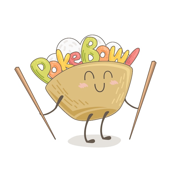 Leuke tekening van een poke bowl. Kawaii voedsel illustratie
