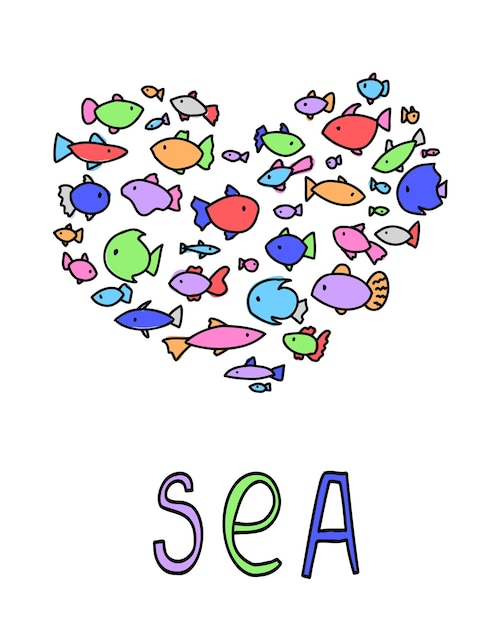 Leuke tekst ik hou van veelkleurige vissen set doodle lijn marine aquarium collectie print