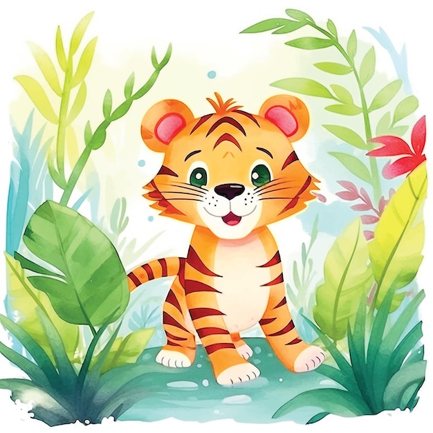 Leuke tijger in jungle cartoon aquarel verf