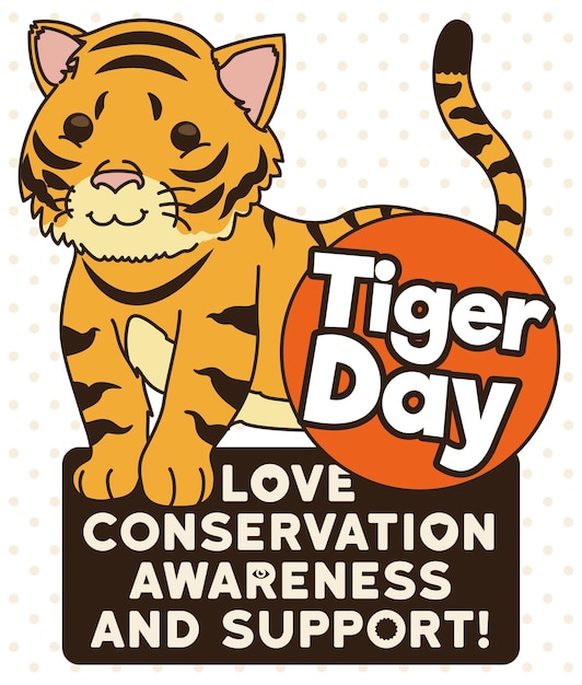 Leuke tijger met bord versierd met schildhart en oogpictogrammen met enkele voorschriften voor Tiger Day