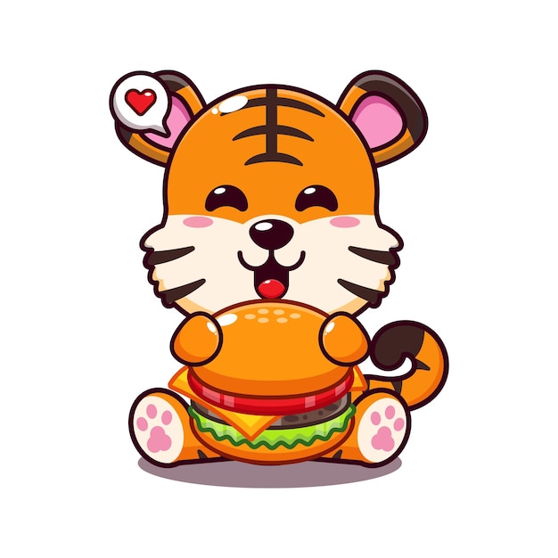 Leuke tijger met burger cartoon vector illustratie