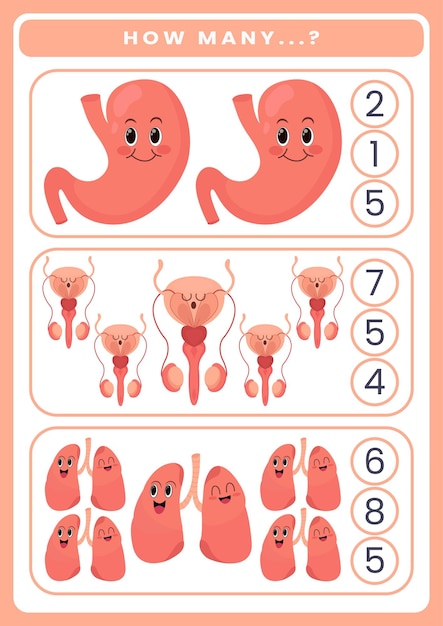 Leuke toevoeging door het tellen en optellen van schattige cartoon menselijke anatomie en orgel werkblad voor kinderen