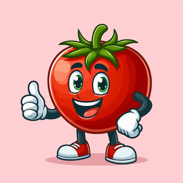 Vector leuke tomato mascot karakter geïsoleerd op een roze achtergrond