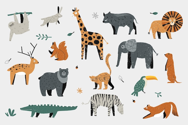 Vector leuke trendy dieren kleurrijke met de hand getekende baby zoo dieren in het wild decoratieve cartoon giraf leeuw olifant zebra nijlpaard krokodil voor kinderen ontwerp vector geïsoleerde set