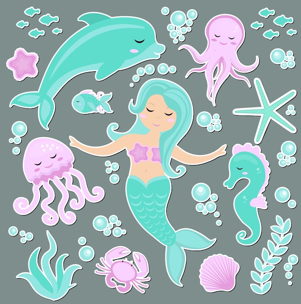 Leuke trendy set stickers emoji, patches badges Kleine Zeemeermin en de onderwaterwereld. Sprookjesprinses zeemeermin en dolfijn, octopus, vis, kwallen. .