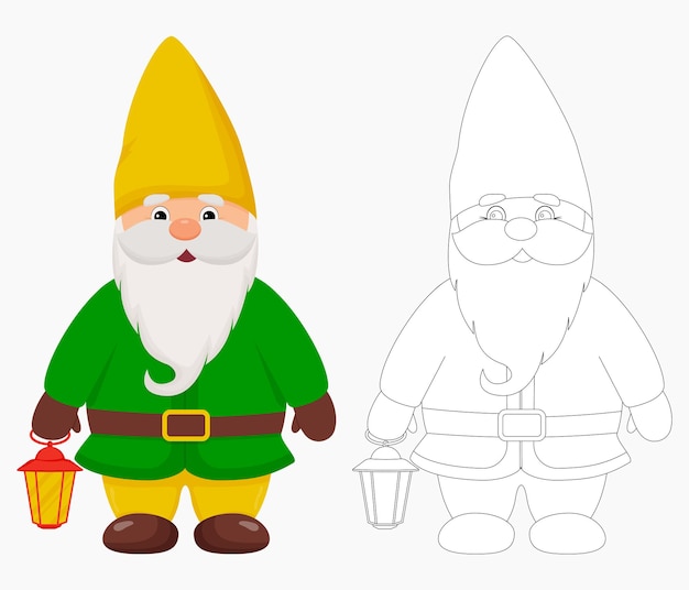 Leuke tuinkabouter met een lantaarn in zijn handen. Gnome in kleur en overzicht.