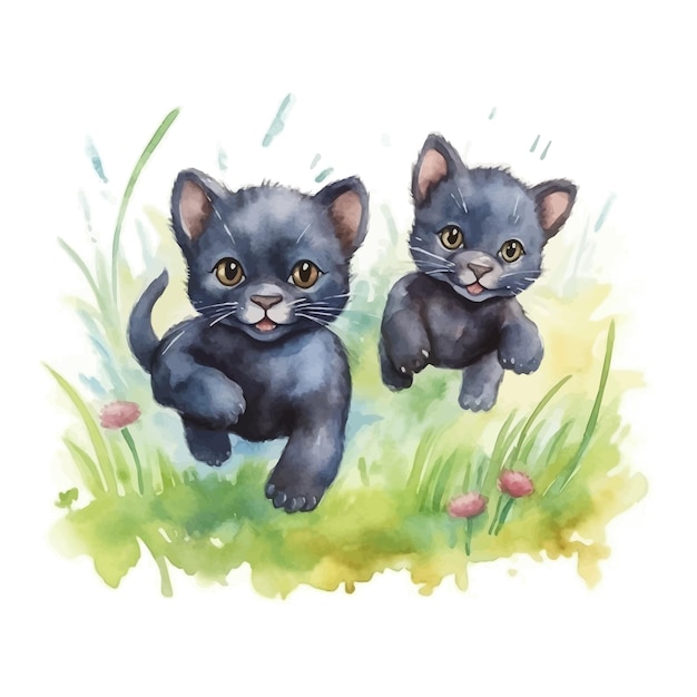 Leuke twee zwarte katten cartoon in waterverf schilderij stijl
