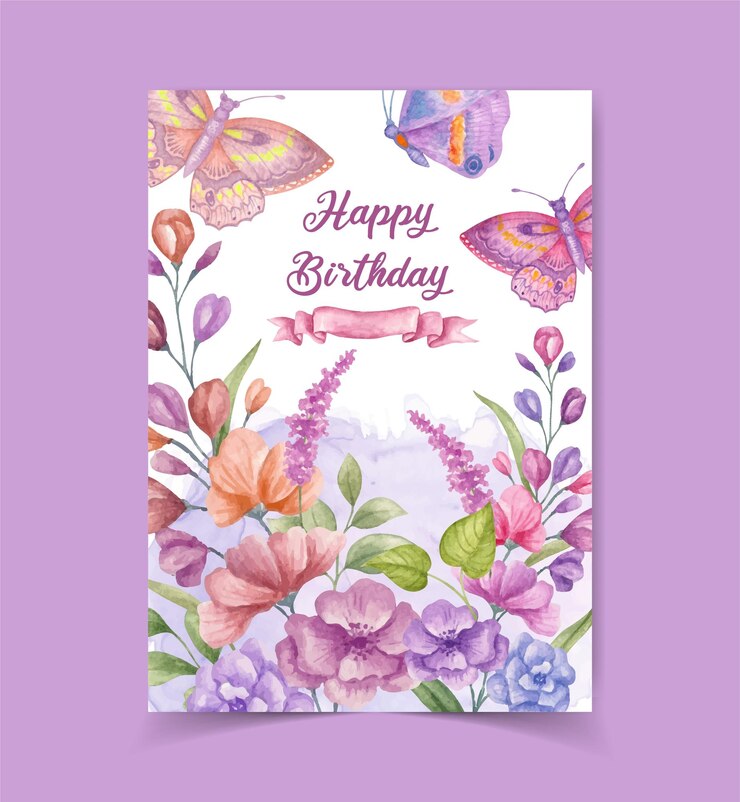 Leuke uitnodigingskaart voor een verjaardagsfeestje met aquarelbloemen en vlinder