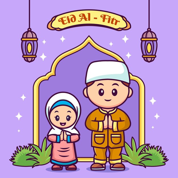 Leuke vader en dochter moslim vieren eid mubarak cartoon vector pictogram illustratie