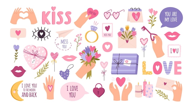 Leuke valentijnsdag stickers voor planner, liefdesbrief of dagboek. cartoon bruiloft dagboek decoratie, hand en hart. romantische kus vector set