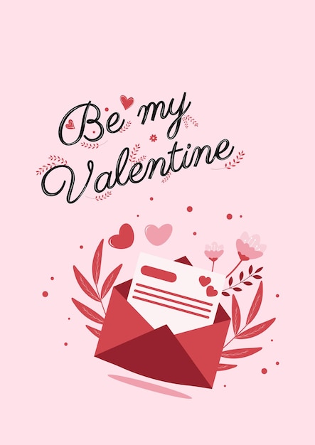 Leuke Valentijnskaart met de inscriptie wees mijn valentijn met een liefdesbrief in roze en rode kleuren Vector