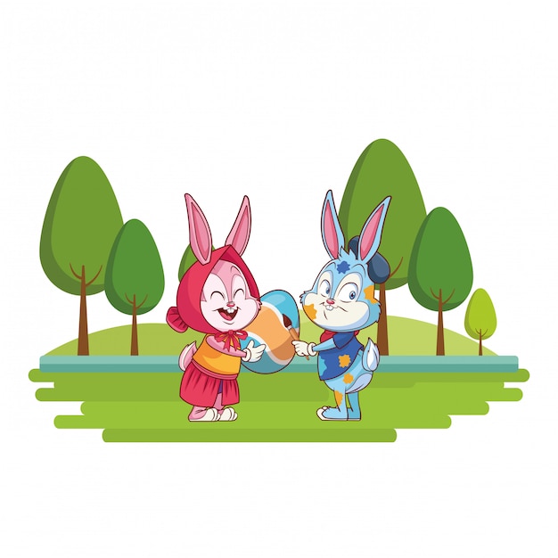 Leuke van de de vriendenkunstenaar van Pasen konijntjes gelukkige de aardbomen als achtergrond