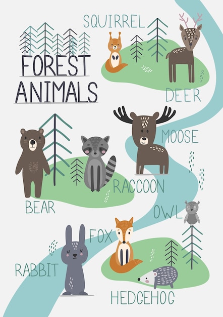 Leuke vector dierentuin poster met dieren van het bos in scandinavische stijl