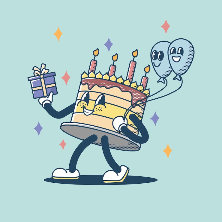 Vector leuke vector illustratie van een taart personage met twee ballonnen en een geschenk personage ontwerp