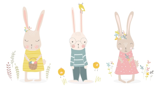 Vector leuke vectorillustratie van konijntjes met een mand met eieren, kuikenvogels en bloemen