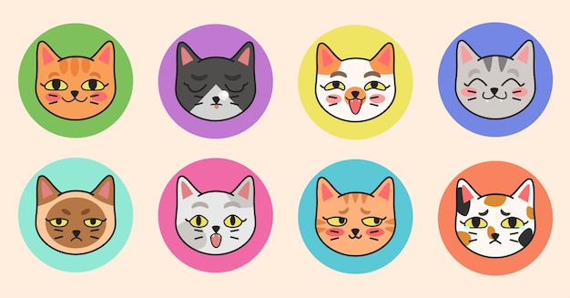 Leuke vectorillustratie van verschillende kattenrassen. een set schattige kattenportretten met verschillende emoties in een platte tekenfilmstijl.