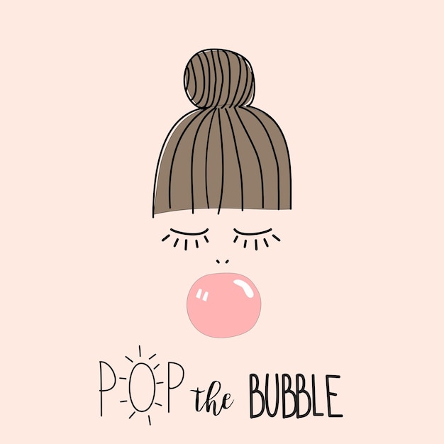 Leuke vectorillustratiekaart van mooi meisje met goed haar dat bubblegum blaast