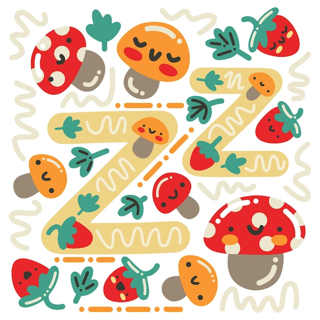 Leuke vectorposter met letter Z en kawaii-krabbels met paddenstoelen om af te drukken, decor, school, textiel