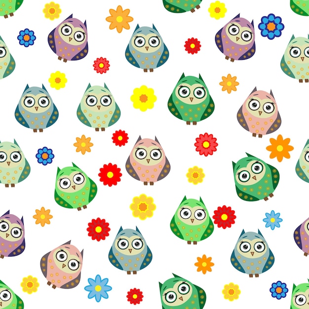 Vector leuke veelkleurige uilen en bloemen in cartoon stijl kinderachtig naadloos patroon pasgeboren creatieve kinderachtige achtergrond voor stof textiel