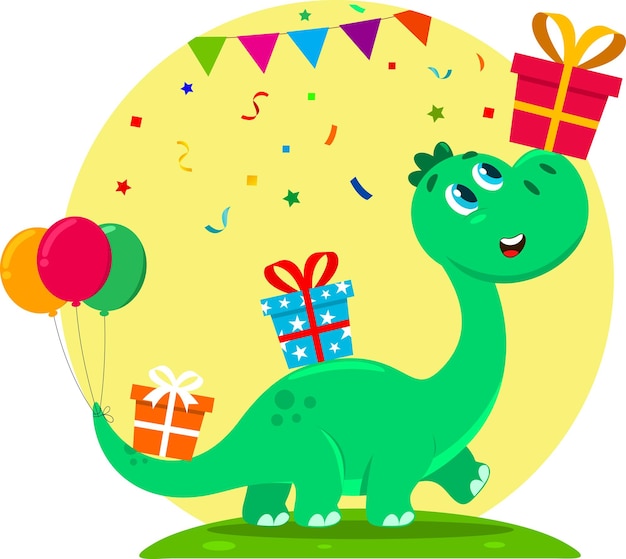 Leuke verjaardag dinosaurus stripfiguur draagt geschenkdozen vector illustratie plat ontwerp