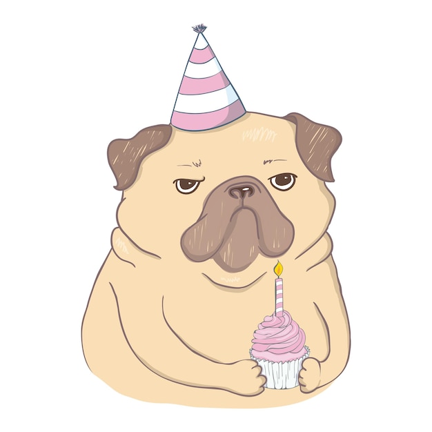Leuke verjaardagskaart met een grappige puppy. Liefdevolle pug en geschenken. Vector illustratie.