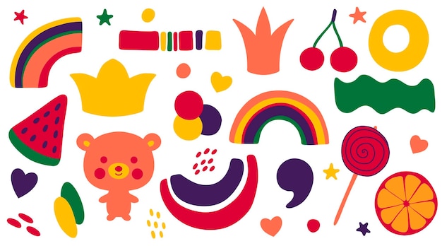 Vector leuke verzameling kleurrijke stickers in kernstijl voor kinderen eenvoudige en speelse krabbelset