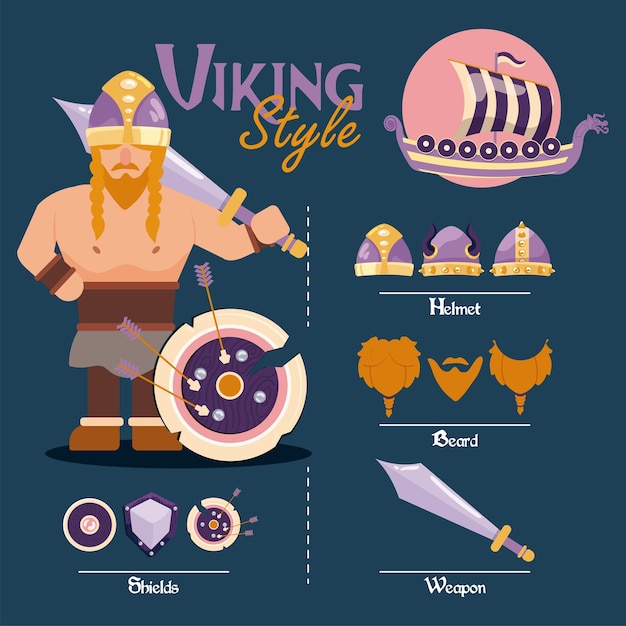 Leuke Viking mannelijke personage asset met wapens en helmen Vector illustratie
