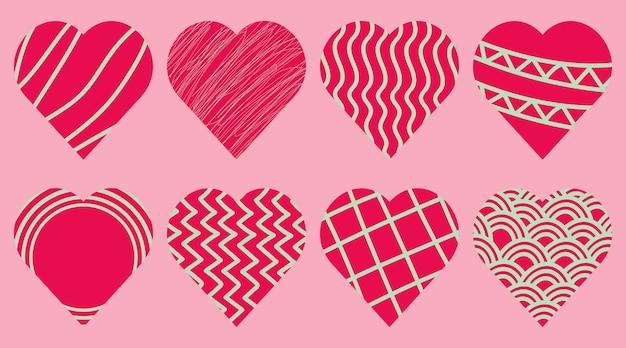 Vector leuke viva magenta harten met doodles vector icon set op roze achtergrond